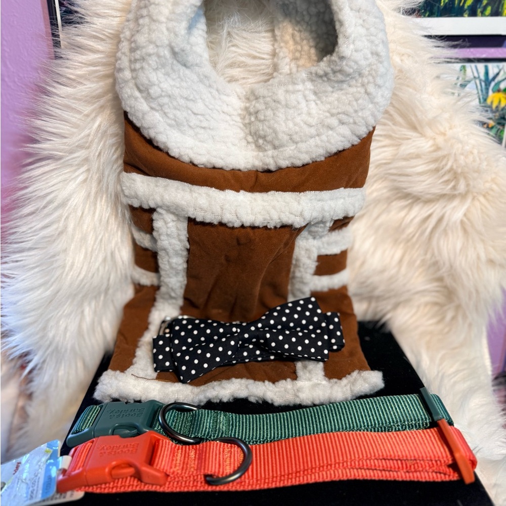 Cozy Brown Sherpa-Trim Large Dog Vest + 3 new collars